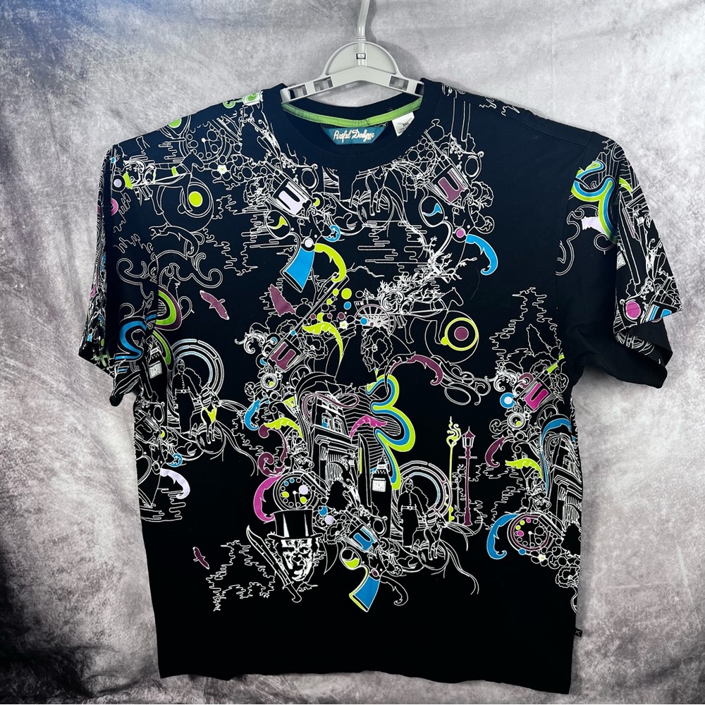 Artful Dodger Shirt Mens 2XL Black Graphic All Over Print Y2K